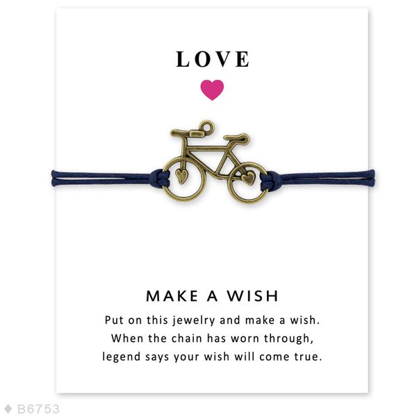 Bicicleta bicicleta encanto tarjeta pulseras bronce joyería marrón claro azul cera cuerdas mujeres hombres niña niño regalo de Navidad