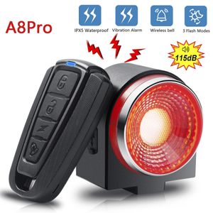 Lámpara trasera de bicicleta Luz de frenado Alarma antirrobo Llamada remota Control inalámbrico Carga USB Linterna LED Buscador de bicicletas Cuerno A8Pro 240322