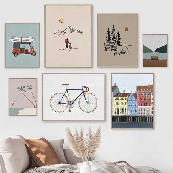 Bicicleta Surf coche lago casa lienzo pintura paisaje minimalista carteles e impresiones pared cuadros artísticos de pared para decoración para sala de estar Wo6