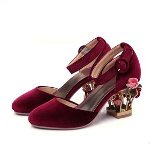 Bidcage echte dessschoenen 2022 7cm vrouwen LeThe metaal Chuckly Hoge Heel Diamond ronde teen bruiloft Paty Buckle Stap Bowtie 3d flowe reto may jane 61