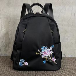 Bie Yang originele Chinese stijl geborduurde damestas nylon lichtgewicht forens backpack zwarte mode casual etnische stijl