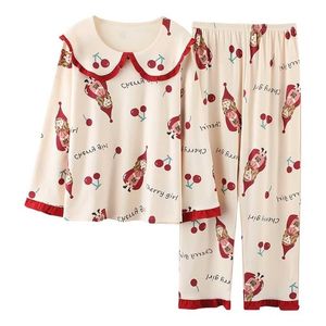 Big 3XL 4XL 5XL Plus Size Cotton Lingere Homewear Manga larga Pullover Pijama para mujeres Lounge Wear Cherry Printed Sleepwear 211215