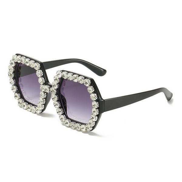 Lunettes de soleil pour femmes, gros diamants artificiels, monture en plastique hexagonale lourde avec strass, lentilles UV400 et jambes succinctes, lunettes de soleil luxueuses à la mode