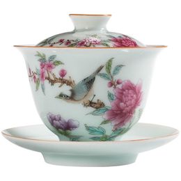 Bol à thé Big Bird avec couvercle de soucoupe Kit Art Garden Pastrol Céramique Porcelaine Fleur Maître Thé Tureen Drinkware Cadeau Décoration d'intérieur Craf229i