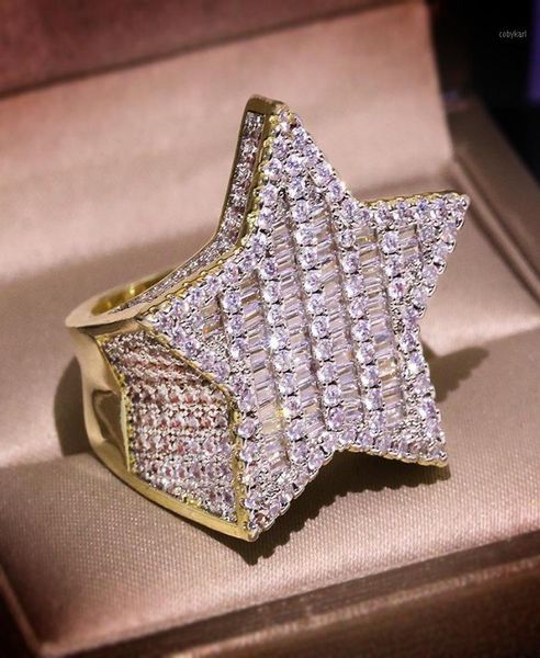 Big Bling Zircon pierre or Hip Hop étoile pentagramme anneau pour femmes homme mode bijoux 2020 nouveau mariage bague de fiançailles 18088627