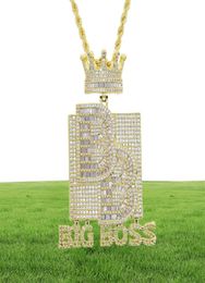 Big Boss lettre couronne pendentif collier initial avec chaîne de corde glacé Bling 5A cubique Zircon Hip Hop hommes garçon bijoux Whole8891473