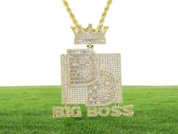 Big Boss Lettres Colliers en forme de couronne Pendentif avec chaîne de corde Iced Out Bling 5a Cubic Zircon Hip Hop Hommes Boy Jewelry2900366