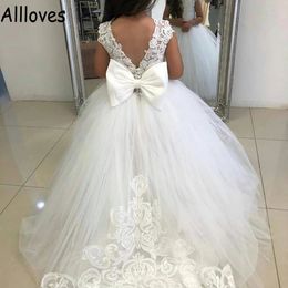 Big Bow Backless Tule Flower Girl -jurken voor trouwfeest Pageant Kinderjurken Lace Appliqued Ball Jurk Princess Kids First Communion Rower Formal Wear CL0570