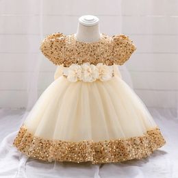 Big Bow Gold Sequins Party Baby Girls Vestido para niños pequeños Tutu Lace 1er cumpleaños Princess Dresses para niña Vestido de Navidad de la boda 240323