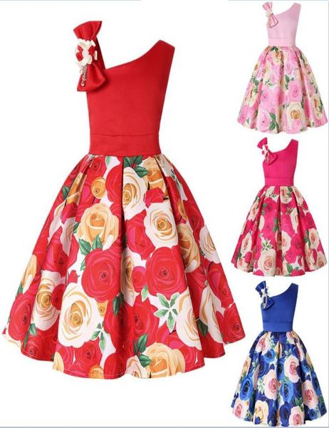 Vestido con hombros inclinados y lazo grande para niños, fiesta de cumpleaños, ropa para niñas pequeñas, vestido con estampado de flores azul y rojo, vestidos de 29 años ch4512584