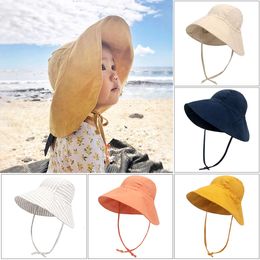 Big Brim Baby Sun Summer Spring Bucket Hat For Girls Boys Cotton Linen Children Children Cap Beach Travel Kindermutsen Caps 2M-4Y L2405
