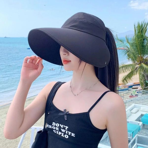 Big Brim Femmes Summer Bage Sunshade Wide Hats UV Panama Coup de cou Solar Protection Bucket Pliable Ponytail Z6G3 240417