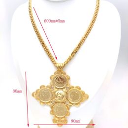 Big Coin Cross Pendant éthiopien 24k Gold rempli Ruby Cuban Double chaîne de trottoir Solid Collier Lourme