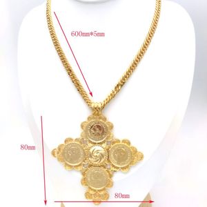 Big Coin Cross Pendant Ethiopian 24K Goud gevulde Ruby Cuban Double Curb Chain Solid Heavy Necklace Jewelry Africa Habesha Eritrea2289