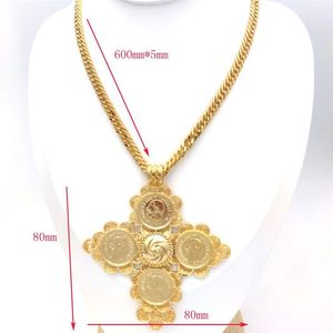 Big Coin Cross Pendant Ethiopian 24K Goud gevulde Ruby Cuban Double Curb Chain Solid Heavy Necklace Jewelry Africa Habesha Eritrea2393