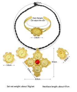 Grande pièce de monnaie pendentifs croix, boucle d'oreille, bracelet, or GF, bijoux afrique, habesha, éthiopien/érythrée, Diamonte/Diamante, rubis américain