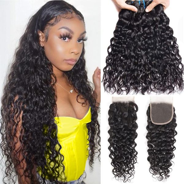 VENTE Eau Vague Cheveux Bundles Wet and Wavy 3 Bundles Avec Dentelle Fermeture Cheveux Vierges Cheveux Ondulés Extension de Cheveux Humains Greatremy Tête Complète Noir Femmes Fille