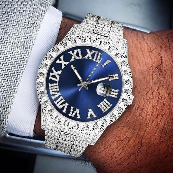 Relojes de hombre de oro con diamantes grandes Calendario Platino Icd Reloj masculino Cuarzo Movt Acero Relog Hip Hop Reloj helado Relojes de pulsera 292U