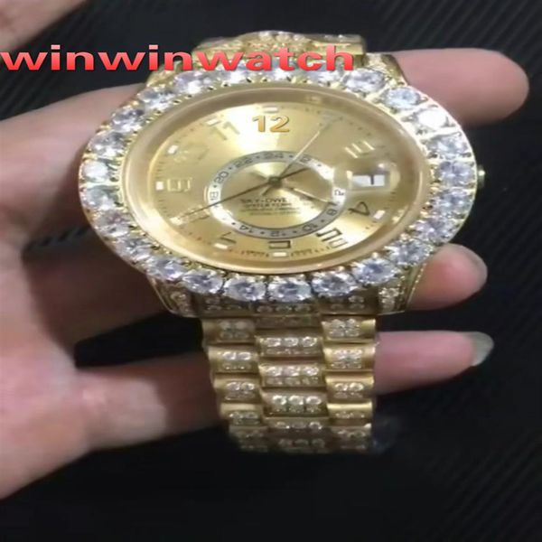 Reloj de pulsera con bisel de diamantes grandes, caja de acero inoxidable dorada con hielo completo de 43MM, relojes automáticos con esfera dorada 323u