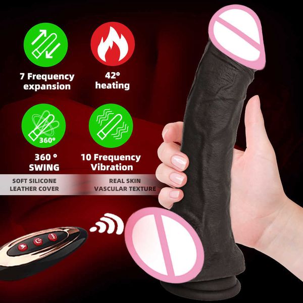 Consolador grande para mujer, pene negro largo realista, máquina telescópica, pene con Control remoto, consoladores calentados, vibrador, Juguetes sexuales 18+