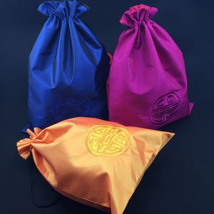 Bolsas de zapatos de mujer alegres con bordado chino para viaje, bolsas de almacenamiento de doble capa con cordón, tela de seda plegable, bolsa de zapatos portátil, cubierta antipolvo, 10 unids/lote