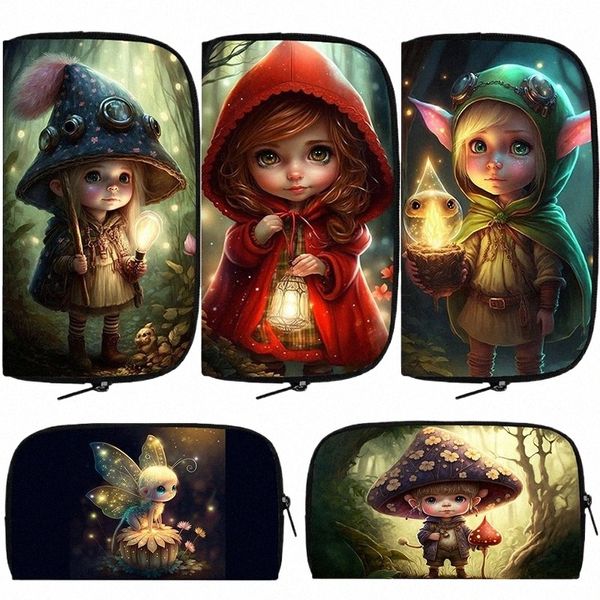 Big Eyes Forest Elf Girl Pattern Wallet Monederos Monederos Kawaii Doll Coin Mey Bag ID Card Earphe Phe Holder LG Carteras Regalo u2Yy #