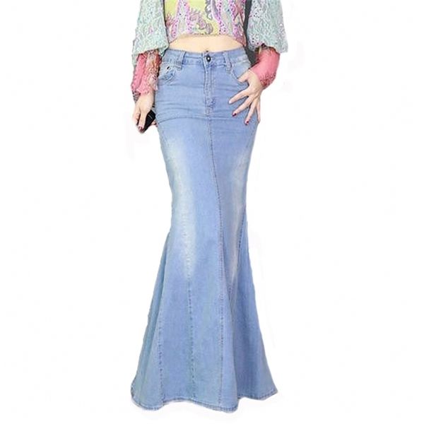 Big Fish Tail Denim Jupe Femmes Sirène Stretchy Bleu Clair Longue Longueur Au Sol Trompette Empire Taille Haute Slit Jeans J97397 210421