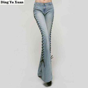 Grote Flare Denim Broek Vrouwelijke Side Bandage Bell Bodem Jeans Vintage Lange Broek Dames Slit Lace Up Flared High Fashion 211129