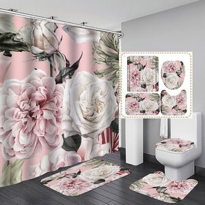 Big Flower Douchegordijn Mat Set met Tapijt Badscherm voor Home Hotel Bathtub Partition Mold Proef Duurzame Gordijnen Haken 20103030