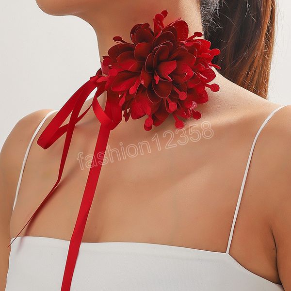 Grand collier ras du cou fleur en tissu moelleux pour femmes à la mode élégant large ruban longue corde chaîne collier sur le cou accessoires de mode