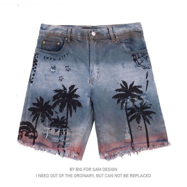 Grand pour Sam Brand Trendy Xia Yi Beach Coconut Tobe Straight Hrou Broken Shorts Men's Men's Jeans 5/4 Pantalon