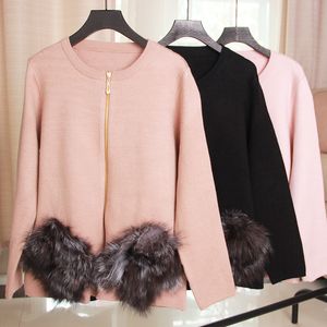 Big Fox Fur Poches Patchwork Zipper Cardigan Manteau Solide Tricoté Femelle Point Ouvert Automne Mode Casual Lâche Femmes Pull LJ201112