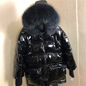 Grande fourrure en cuir verni veste d'hiver femmes épaissir longue Parka à capuche femme canard imperméable manteau 211216