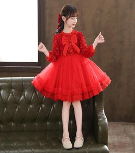 Grandes filles robes de fête de noël enfants arcs sequin manches longues épissage dentelle tulle robe enfants gaze rouge princesse vêtements Q86999099720