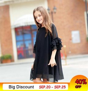 Grandes filles robe âge 10 12 ans été robe en mousseline de soie manches évasées robe noire pour petite fille taille 6 7 8 9 adolescentes vêtements Y7289241