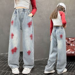 Grote Meisjes Bloemen Handdoek Borduren Jeans Kinderen Rechte Wijde Pijpen Broek 2024 Lente Tieners Losse Casual Cowboy Broek Z6601