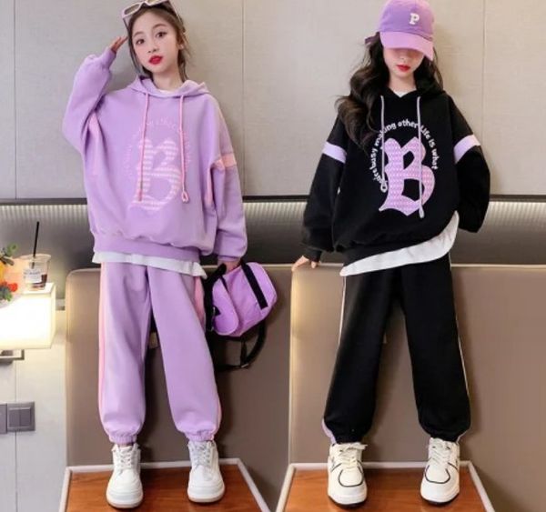 Conjuntos de ropa con estampado de letras para niñas grandes, sudadera con capucha de manga larga para niños viejos, pantalones sueltos, 2 uds., 2024, trajes informales para adolescentes de primavera Z6170