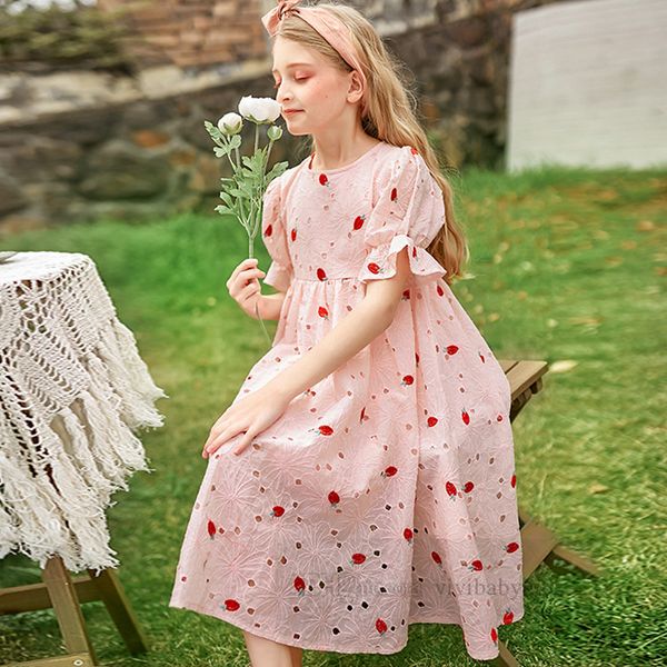 Grandes filles fraise broderie robes vieux enfants dentelle creuse falbala robe à manches courtes été adolescents rose princesse vêtements Z7001