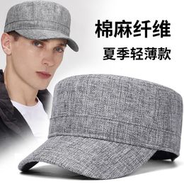 Casquette plate militaire grande tête pour hommes, chapeau militaire d'été en lin et maille, 55-60cm 60-66cm