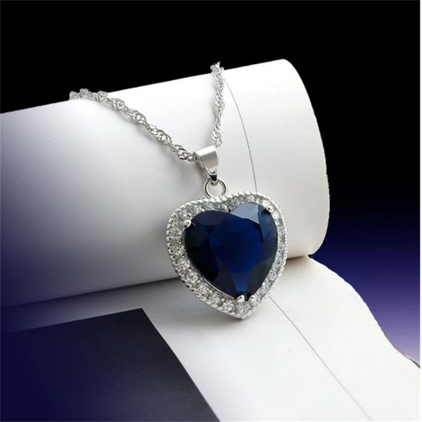 Grand coeur saphir diamant pendentif réel 925 en argent Sterling charme fête mariage pendentifs collier pour femmes bijoux de mariée cadeau