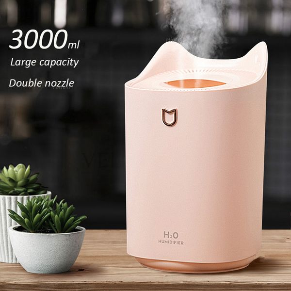 Humidificador de aire para el hogar grande, difusor de Aroma de niebla fría de doble boquilla de 3000ML con luz LED colorida, Humidificador USB ultrasónico de niebla pesada