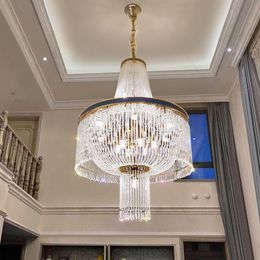 Grand Long Moderne K9 Lustres En Cristal LED Lustre De Luxe Américain Escalier En Colimaçon Lampes Suspendues Hôtel Villa Maison Éclairage Intérieur Simple / 3 Cercles
