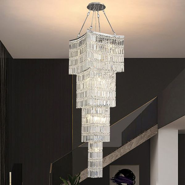 Grand lustre en cristal luxueux long escalier en colimaçon lustres luminaires européen LED moderne droplight américain multi couches suspension H250cm