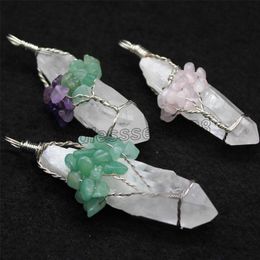 Grandes colgantes de cristal blanco natural encantos Reiki cuarzo grava árbol de la vida alambre envuelto punto de curación encanto péndulo para collar de mujer