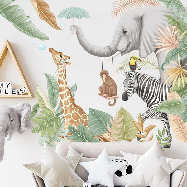 Pegatinas de pared de animales de la jungla nórdica grande para habitaciones de niños decoración de dormitorio elefante jirafa plantas papel tapiz carteles 220607