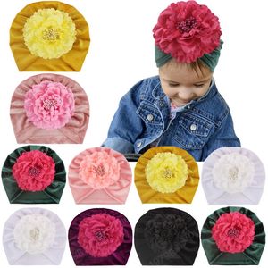 Big Peony Flower Newborn Toddler Kids Baby Girsl Turbante Gorro de terciopelo dorado Gorros de punto Nudo Sombrero de hospital Regalos de ducha