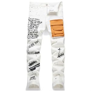 Grande poche hommes déchiré lettre impression jean moulant effiloché coupe ajustée Denim pantalon décontracté fermeture éclair nostalgique pantalon blanc