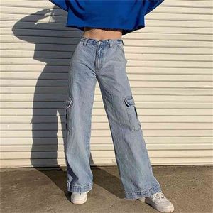 Grandes poches droites jambes larges denim jeans femme femmes taille haute pantalon décontracté pantalon cargo pantalon pantalon femme streetwear jeans 210412