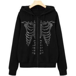 GROTE PROMOTIE Europa Y2k strass skeletpatroon rits thermische hoodie elektronische traf sweatshirt Stitch voor mannen en vrouwen 240227