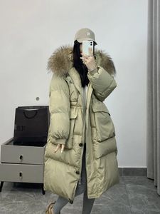 Gran piel de mapache Real con capucha impermeable invierno mujer chaqueta larga acolchada pato abajo abrigo mujer lluvia pluma Parkas 240105